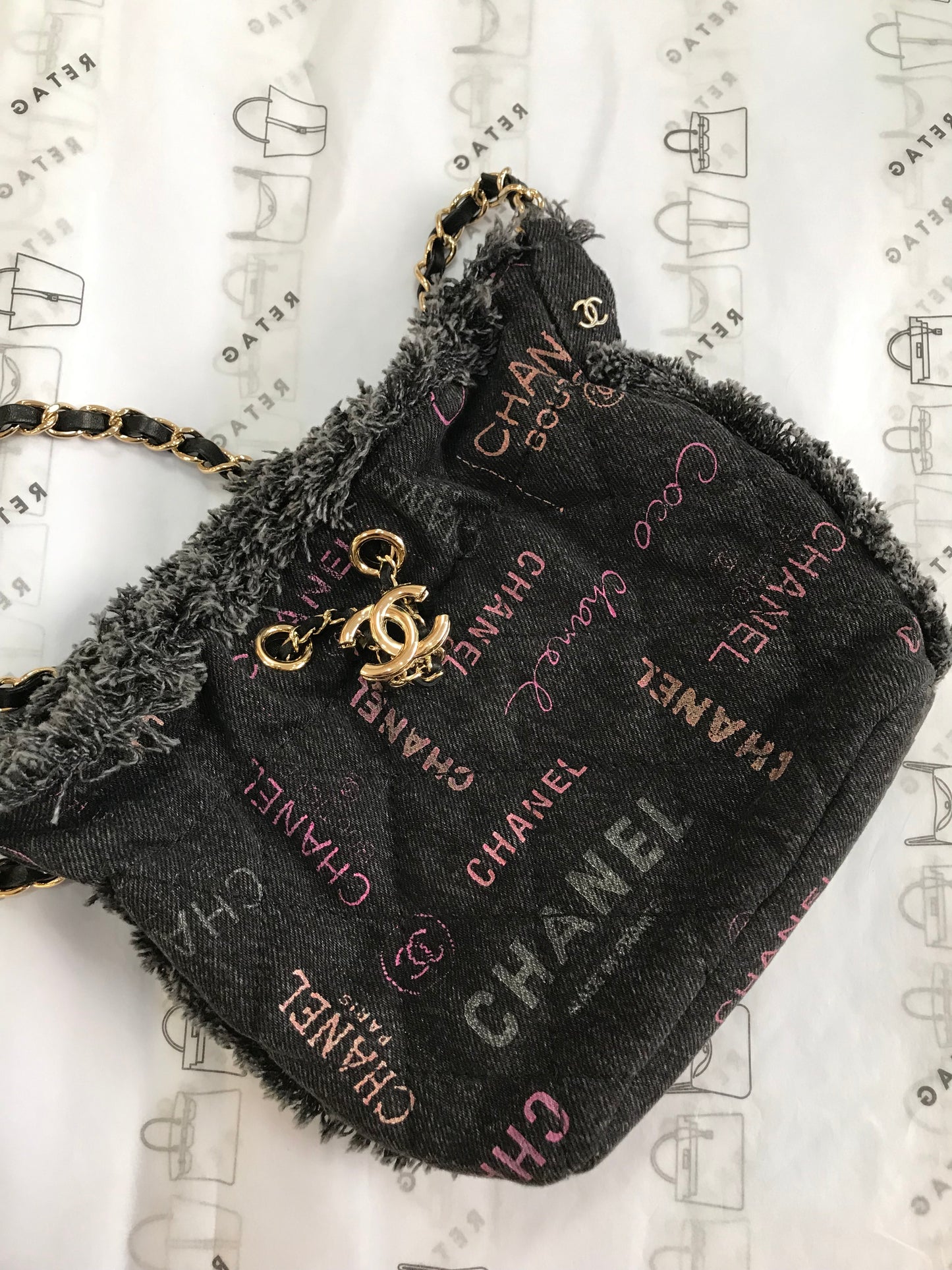 Chanel Denim Quilted Mood Mini Bucket Bag With Chain