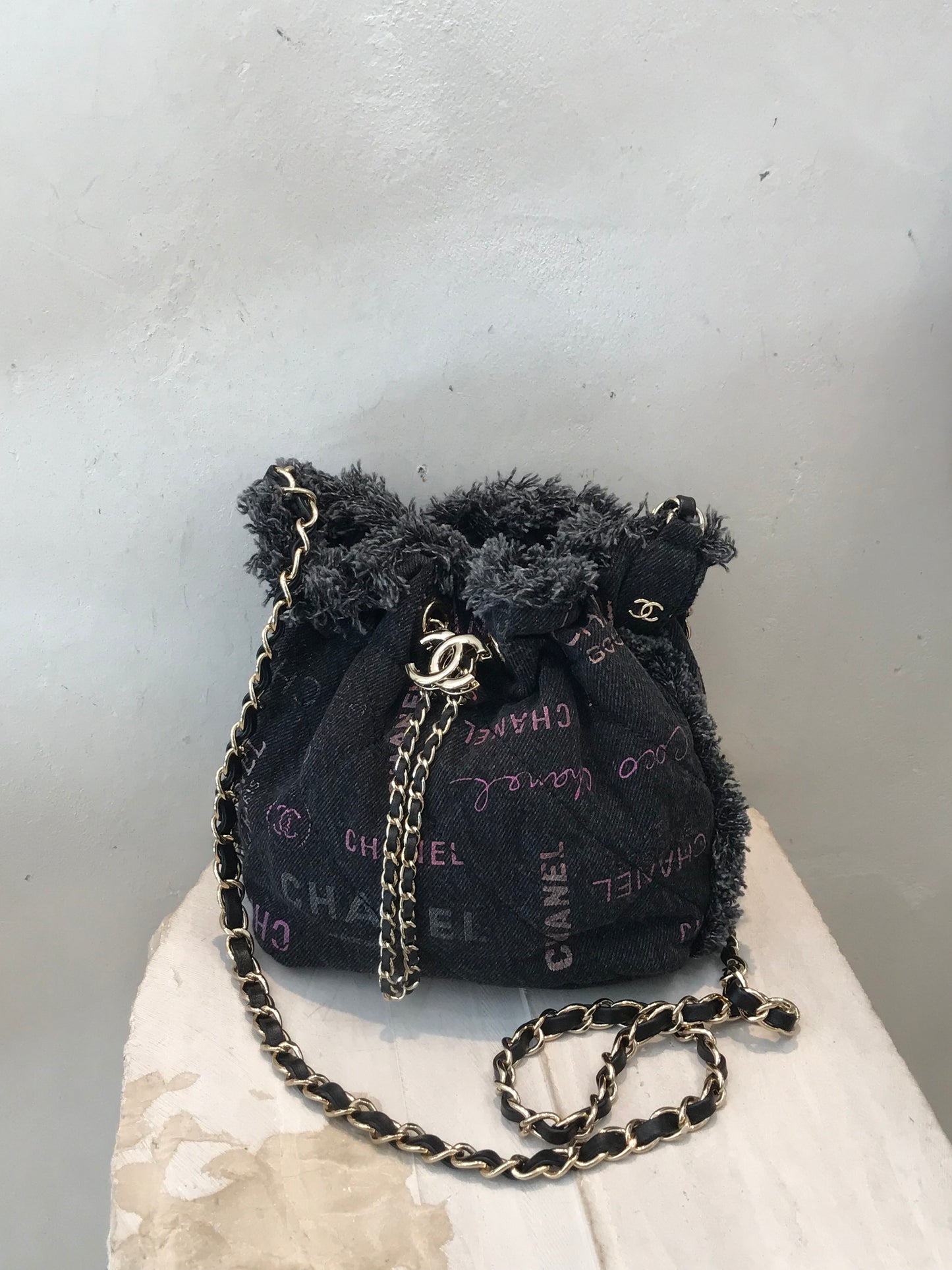 Chanel Denim Quilted Mood Mini Bucket Bag With Chain