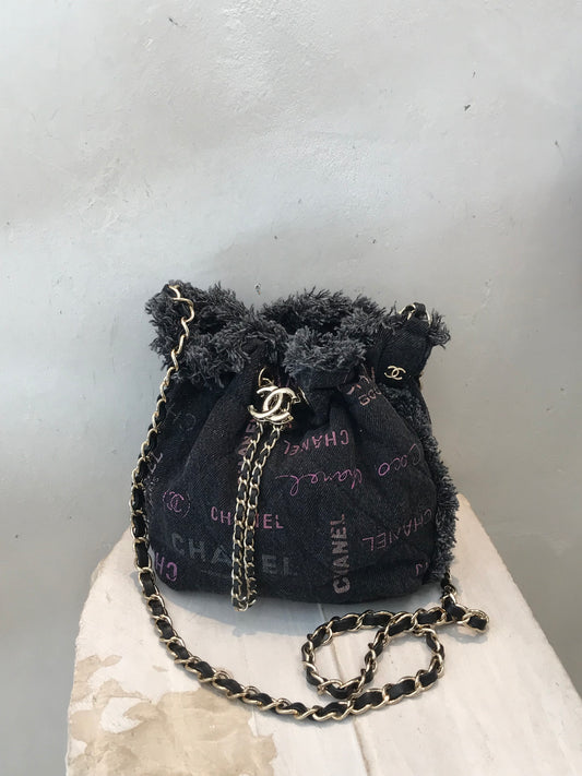 Chanel Denim Quilted Mood Mini Bucket Bag With Chain